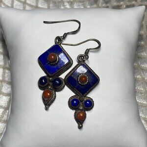 Vintage Sterling Silver Lapis Lazuli & Carnelian Drop Earrings, 1970s